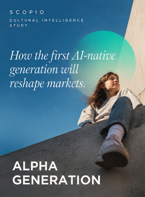 Alpha Generation — How the first AI-native generation will reshape markets. SCOPIO cultural intelligence study cover.